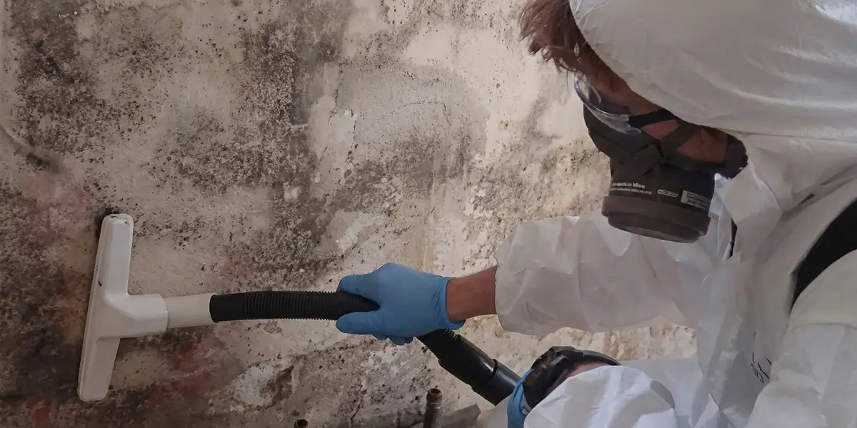 professional mold removal technician wearing protective equipment removing mold from a wall in Omaha, NE