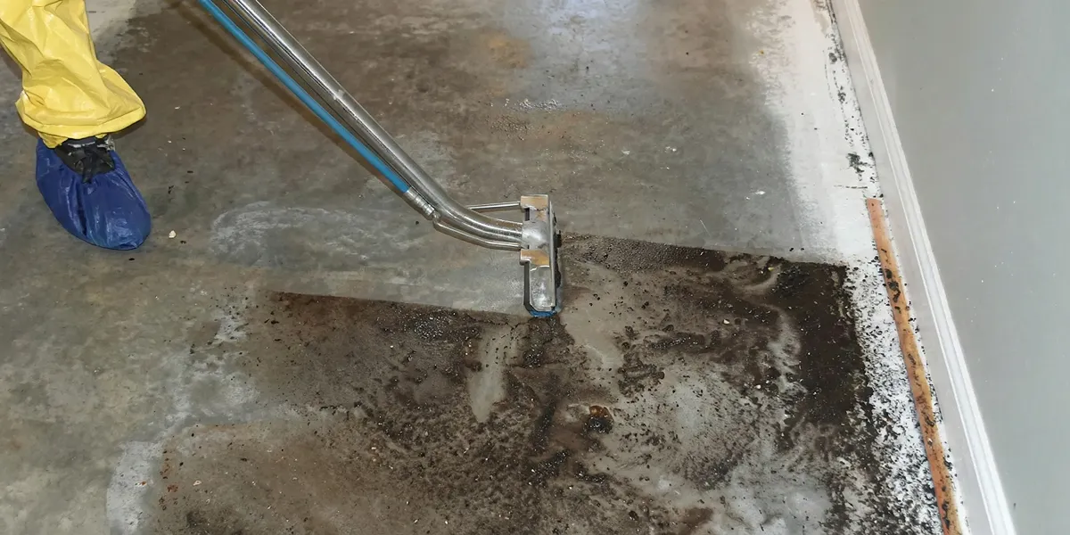 sewage removal technicians extracting contaminated wastewater from a residential floor in Omaha, NE