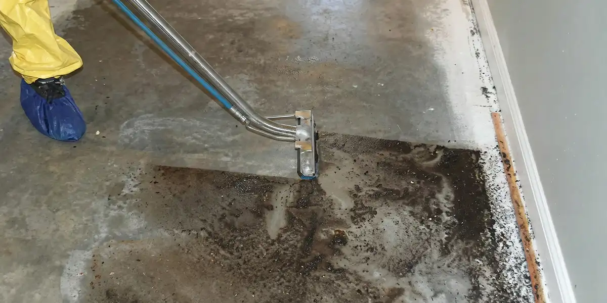 sewage removal technicians extracting contaminated wastewater from a residential floor in Omaha, NE